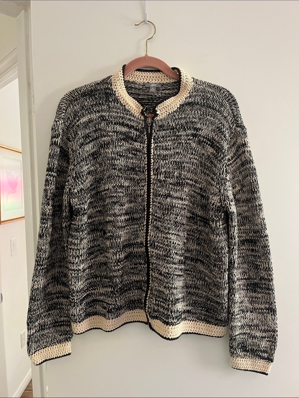 J. Jill Black and Cream Knit Zip Sweater Cardigan